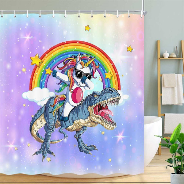 East Urban Home Cute Unicorn Riding Dinosaur Shower Curtain For Kids